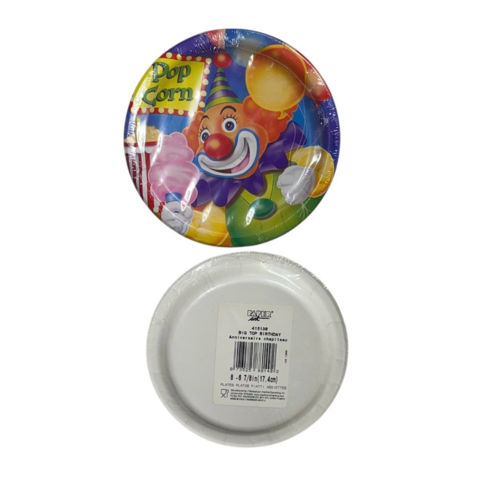 Creative Converting brand 2 sets of 8 popcorn & clown themed plates, 16 total!